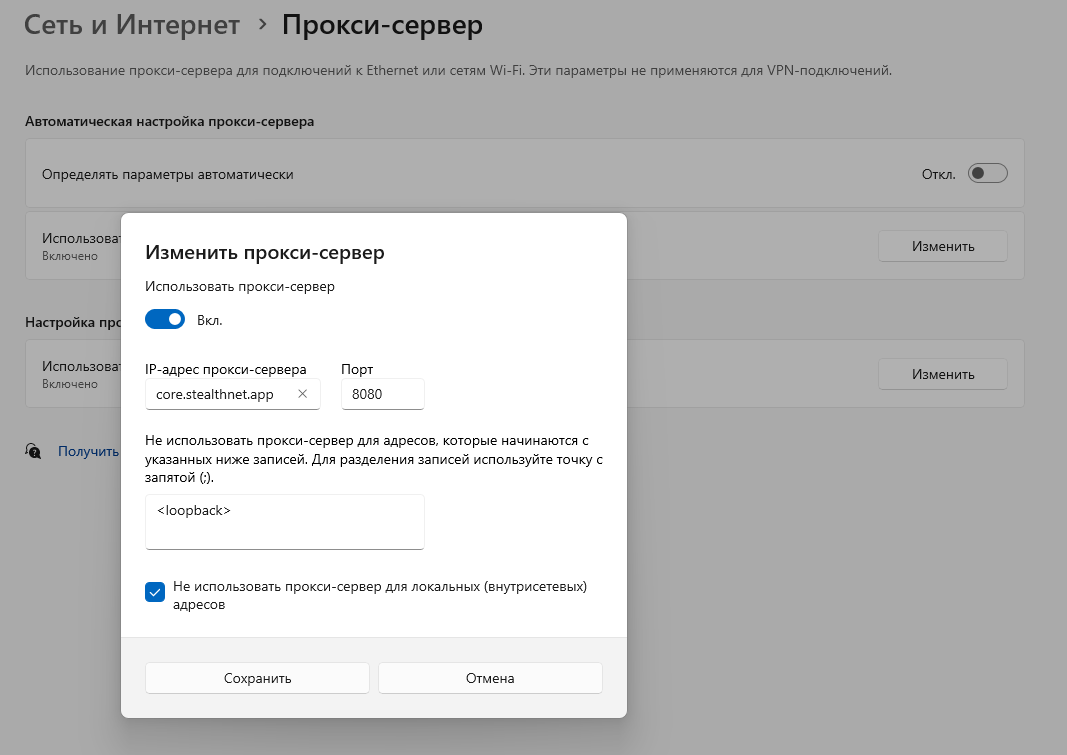 Скриншот настроек прокси в Windows